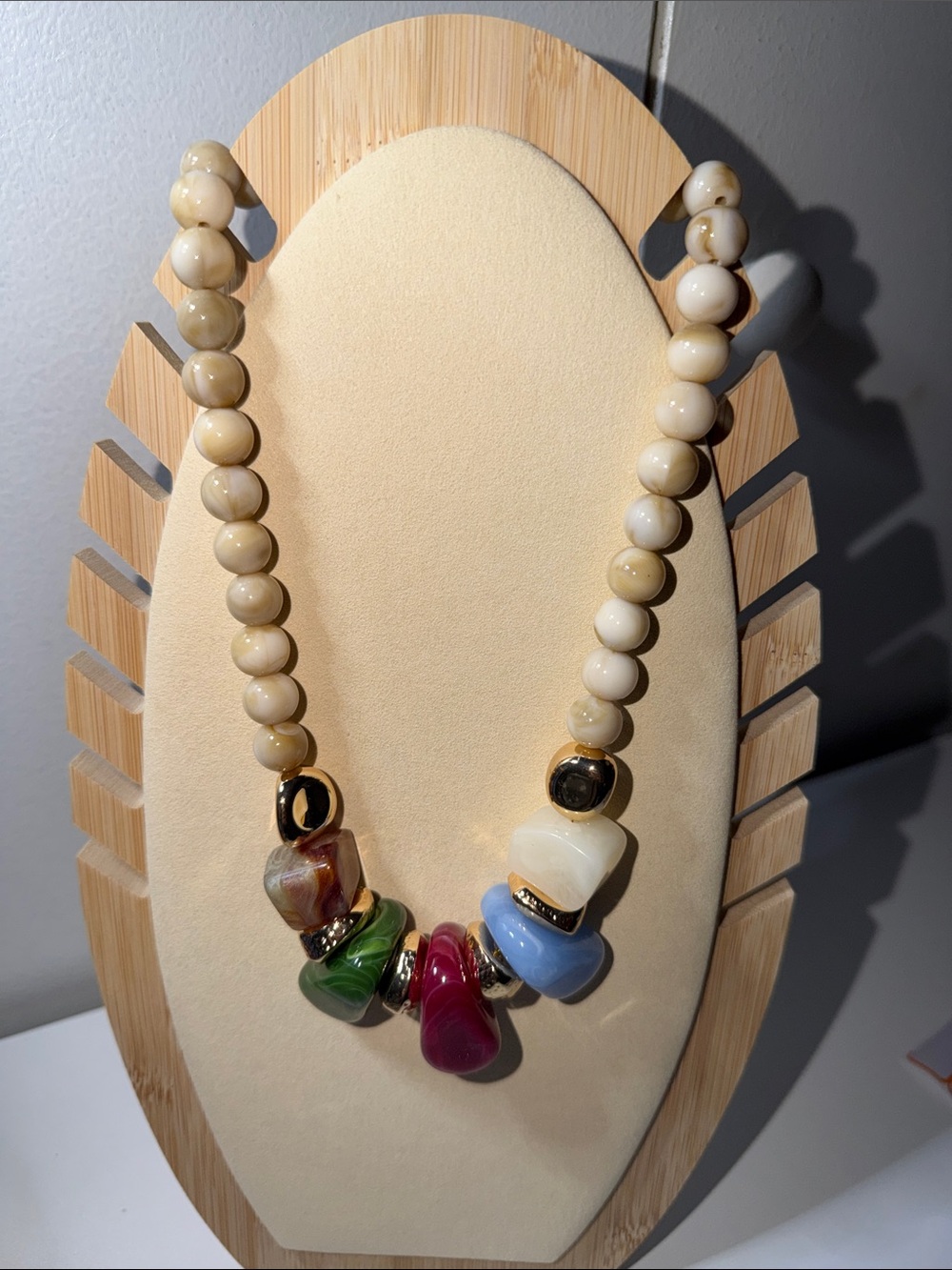 Multi-Color Beaded Statement Necklace - Cream Beads with Colorful Glass Accents